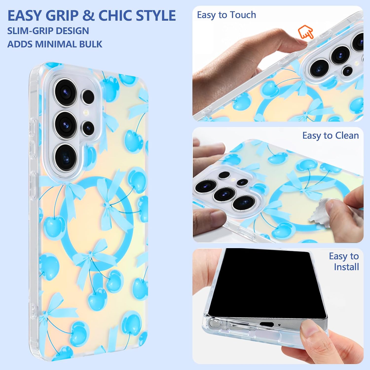 Magnetic Case for Samsung Galaxy S26 Ultra 6.9 Inch [Wireless Charging Compatible] Hard PC and Soft TPU Iridescent Case with Blue Cherry and Bows Anti-Scratch Shockproof Phone Cover for Women