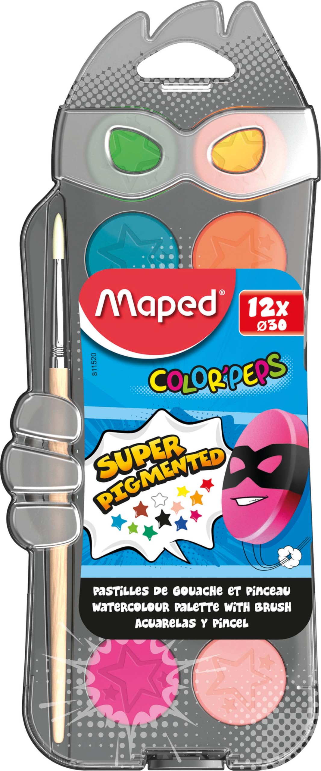 Maped - Set de Manualidades para Niños - Estuche Acuarelas en Pastillas - Paleta de 12 Acuarelas - Diluir con Agua para Crear Efectos - Caja de Plástico con Tapa - Pincel Sintético Incluido
