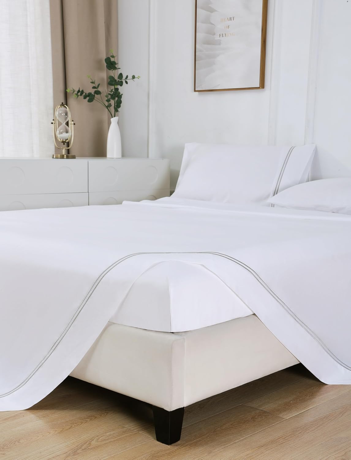 100% Cotton 4 Piece Sheet Set Bed Sheets Set Soft Comfortable with Embroidery Design Sateen Weave Deep Pocket Hotel-Quality Home Bedding Set (White-Grey, Queen)