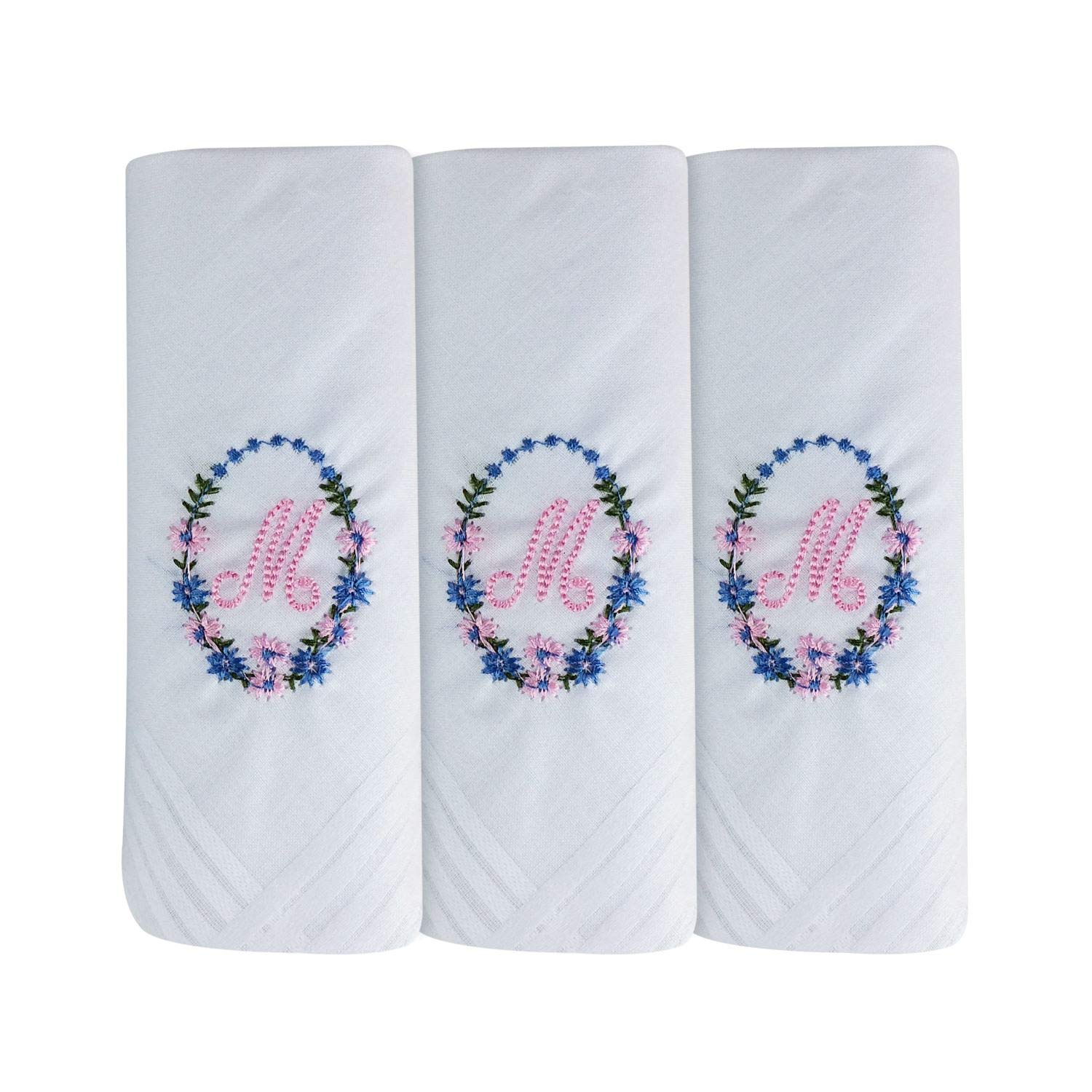 Surf the Shop 3 Pack Of Womens/Ladies Embroidered Initial Handkerchiefs With White Satin Border Various Initials (M)