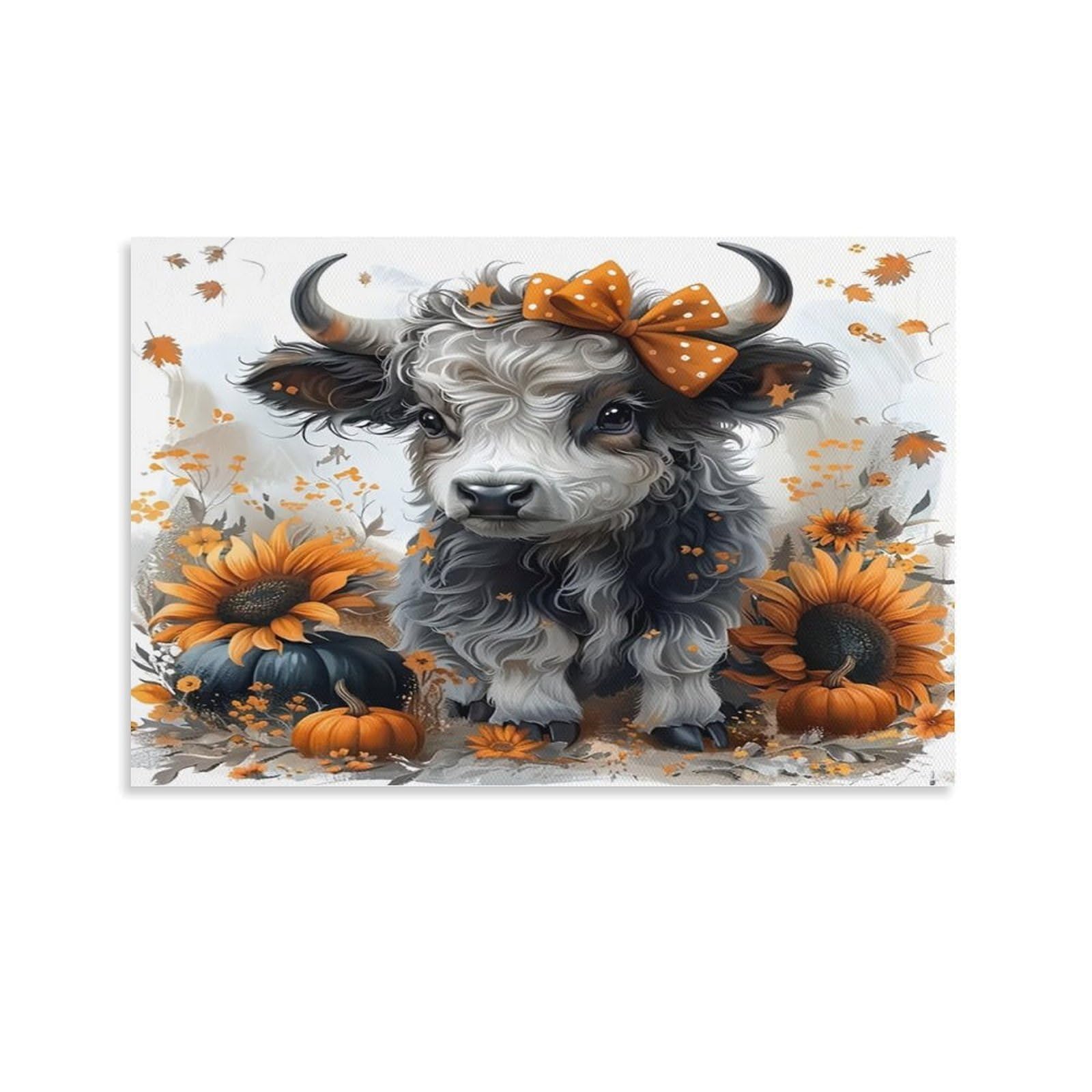 CPLVKWRQJ Cute Buffalo Autumn Single Piece Highland Calf Bow Sunflower Pumpkin Canvas Wall Decor - Office Canvas Print Fade Resistant Wall Focal Art Decor 12x18inch(30x45cm)
