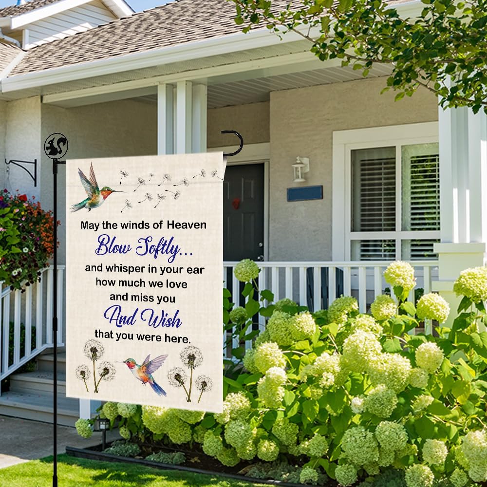 May The Winds Of Heaven Blow Solftly Garden Flag, Double Sided Farmhouse Outdoor Decor Yard Flag Gifts, Hummingbird Dandelion Memorial Garden Décor Gifts, Remembrance Sympathy House Flags - Image 4