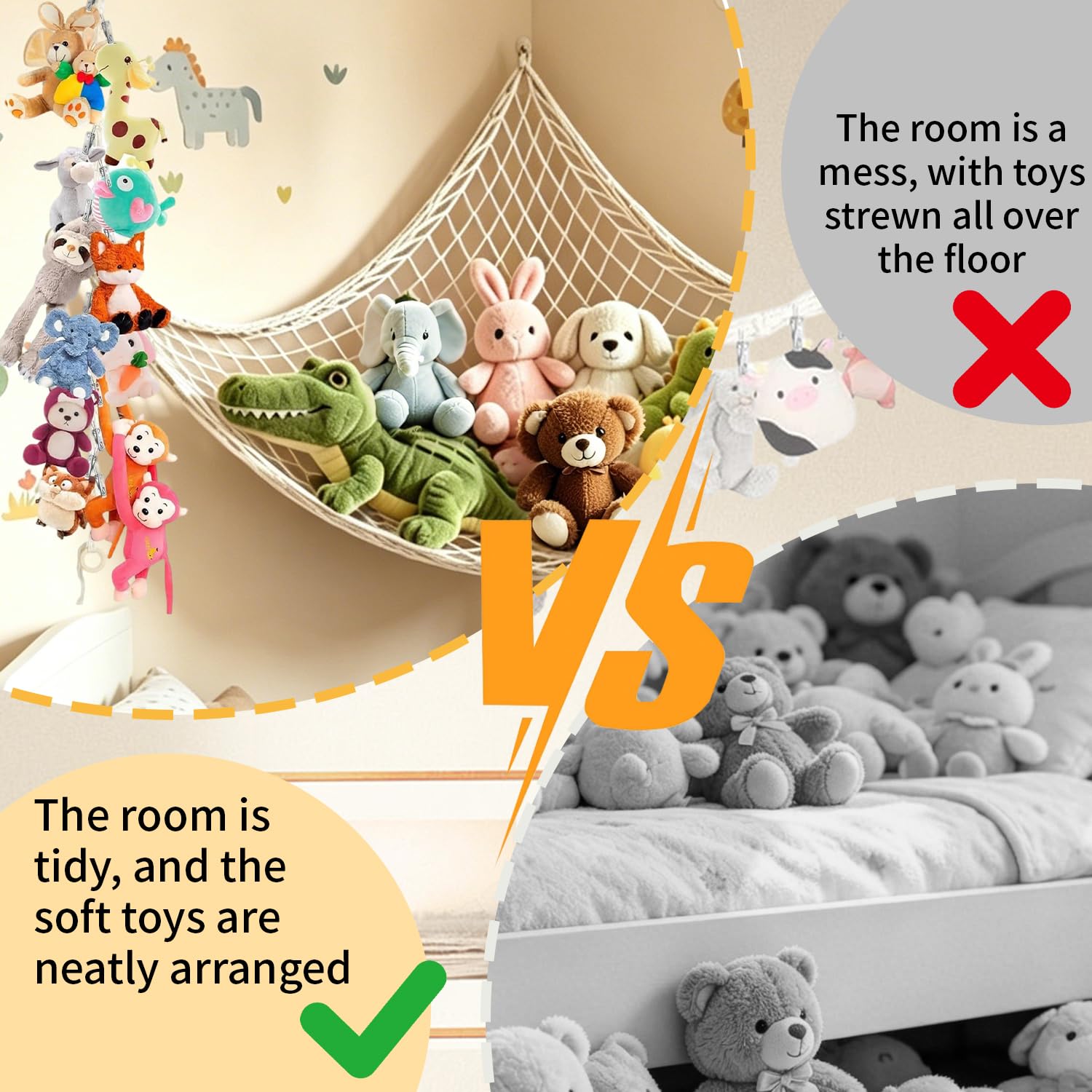 4 Pieces 2M Rangement Peluche Filet Tressé Bohème pour Jouets avec 2 Cordon de Suspension et 2 Hamac de Rangement avec 40 Pinces 4 Vis à Tête pour Rangement Maison