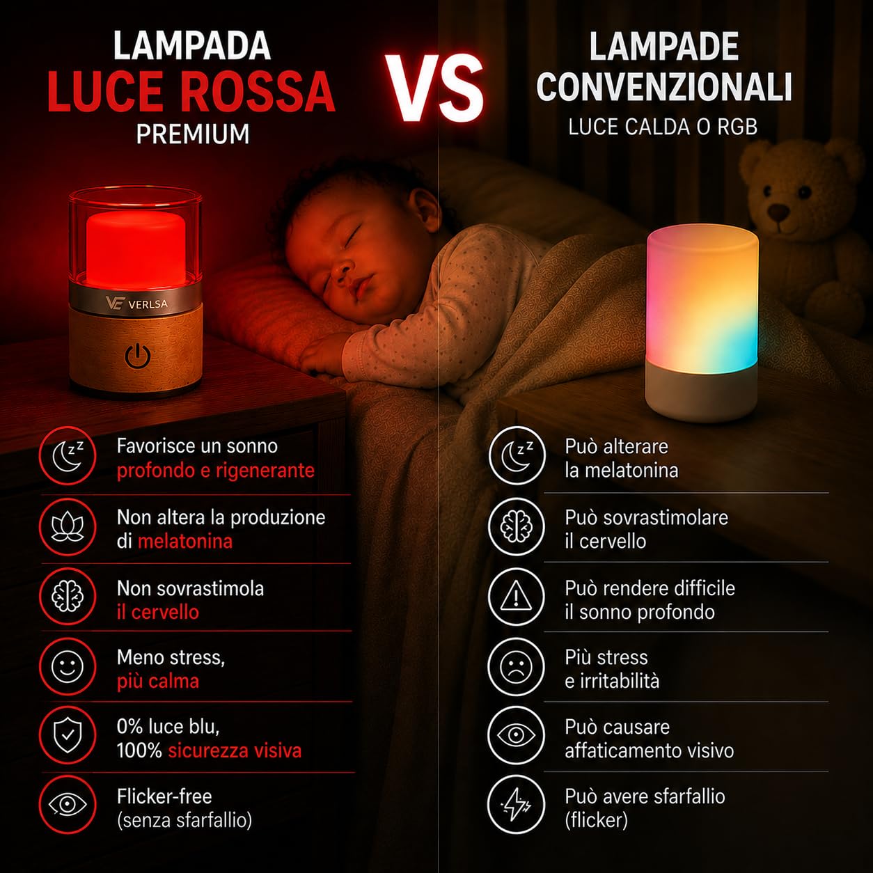 Lampada Luce Melatonina 625nm, 0% luce blu, Flicker-Free, Luce Notturna Neonato/Adulti, dimmerabile, portatile, batteria da 2000 mAh, Bilancia Il Ritmo Circadiano