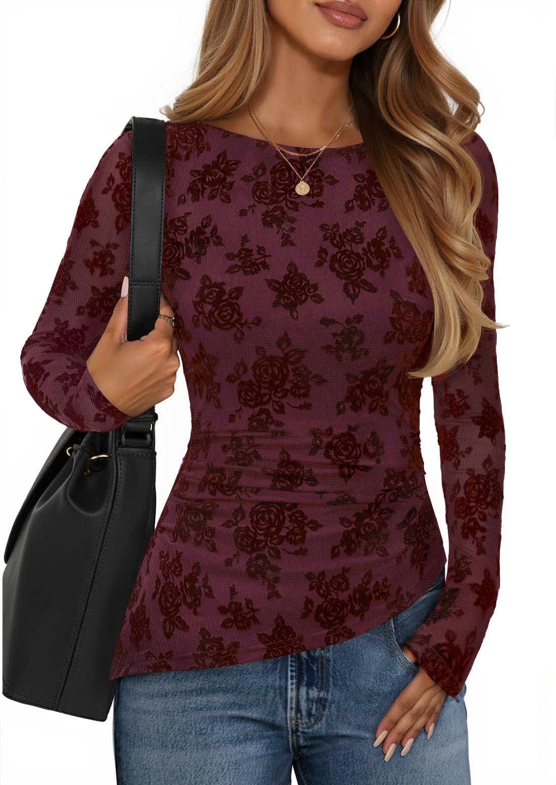 ZESICA Womens Floral Long Sleeve Shirts 2026 Spring Boat Neck Mesh Ruched Tops Fitted Asymmetrical Going Out Blouses