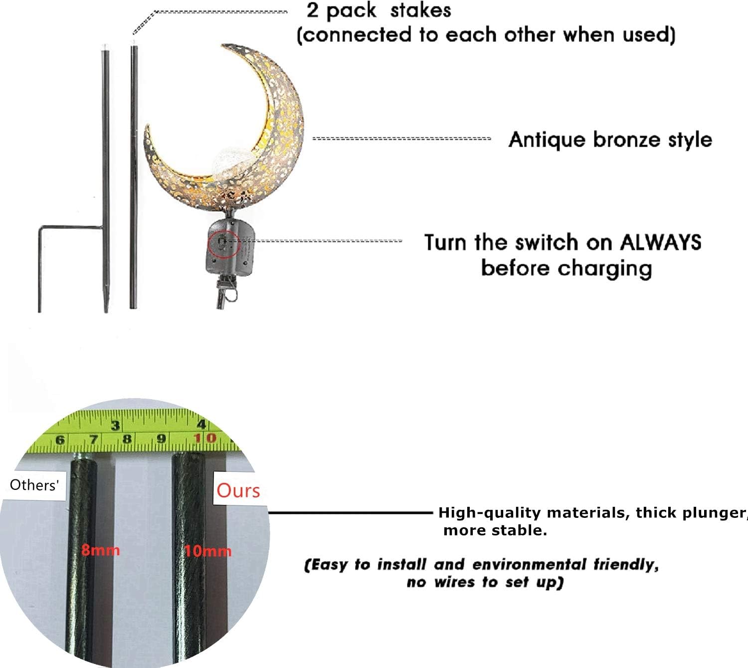 SunKite 2 Pack Garden Solar Light Outdoor Metal Moon Shape Lamp with Waterproof Crackle Glass Globe for Garden,Lawn,Patio,Pathway or Courtyard