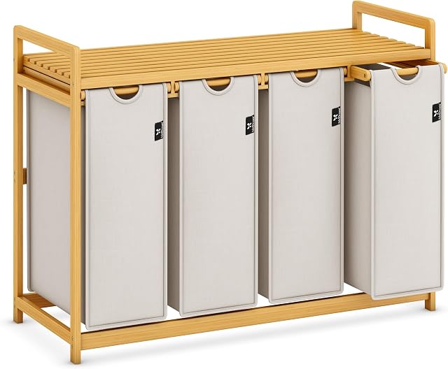 AdelDream Wäschekorb 200L, 4 Fächer Wäschesammler mit Ablage, Bambusrahmen | Wäschesortierer mit 4 x 50L Fächer,ausziehbar abnehmbar,Ablage bis 60 kg,Farbe Hellgrau