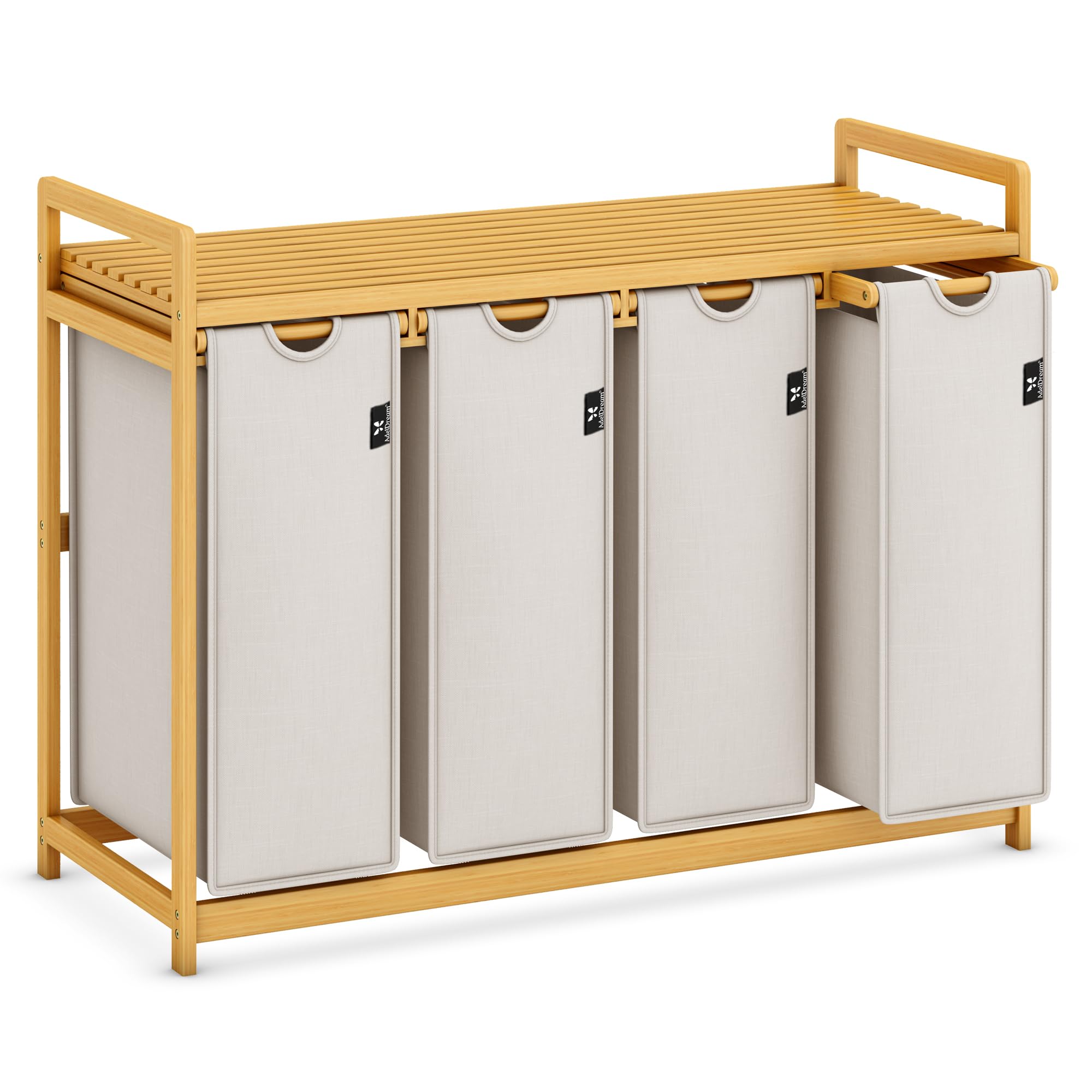 AdelDream Laundry Basket with Bamboo Frame 200 Litres 4 Compartments Extendable and Removable Laundry Bag Laundry Baskets Light Grey