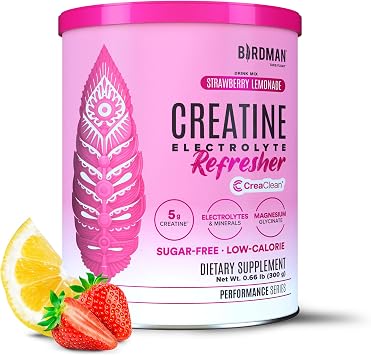BIRDMAN Creatine Refresher | Creatine Monohydrate Powder with Electrolytes, Magnesium Glycinate & Vitamins | Creaclean Seal | Sugar Free, Low Calorie | Strawberry Lemonade | 30 Servings