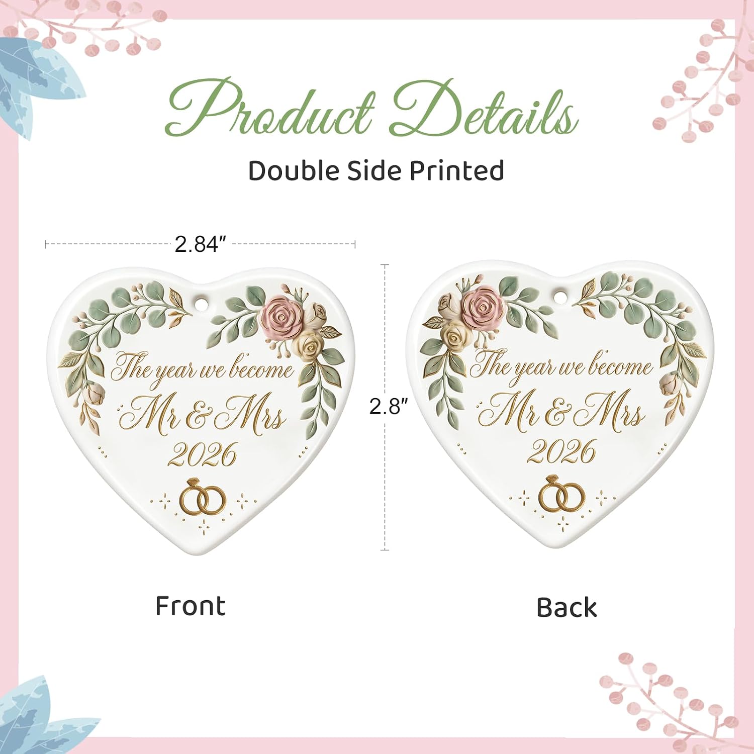 WhatSign Mr and Mrs 2026 Wedding Ornament - Heart Shaped Ceramic Keepsake The Year We Become Mr & Mrs, 2026 Wedding Gifts for Couples, Bridal Shower Engagement Gift, Decorative Hanging Charm