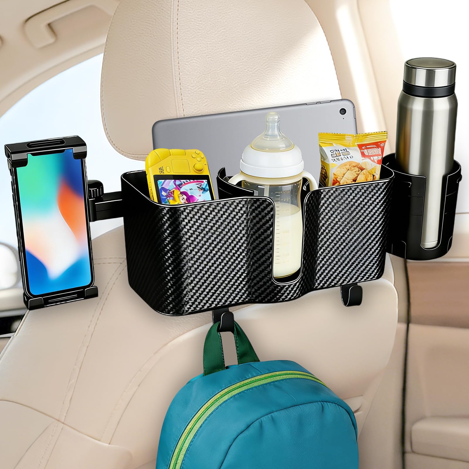 Auto Kopfstütze Rücksitz Aufbewahrungsbox mit Getränkehaltern, Rücksitz Auto Organizer Tablet Telefonhalter mit Haken, verstellbar 3-in-1 Multifunktionaler Auto Essensschale für Reisezubehör