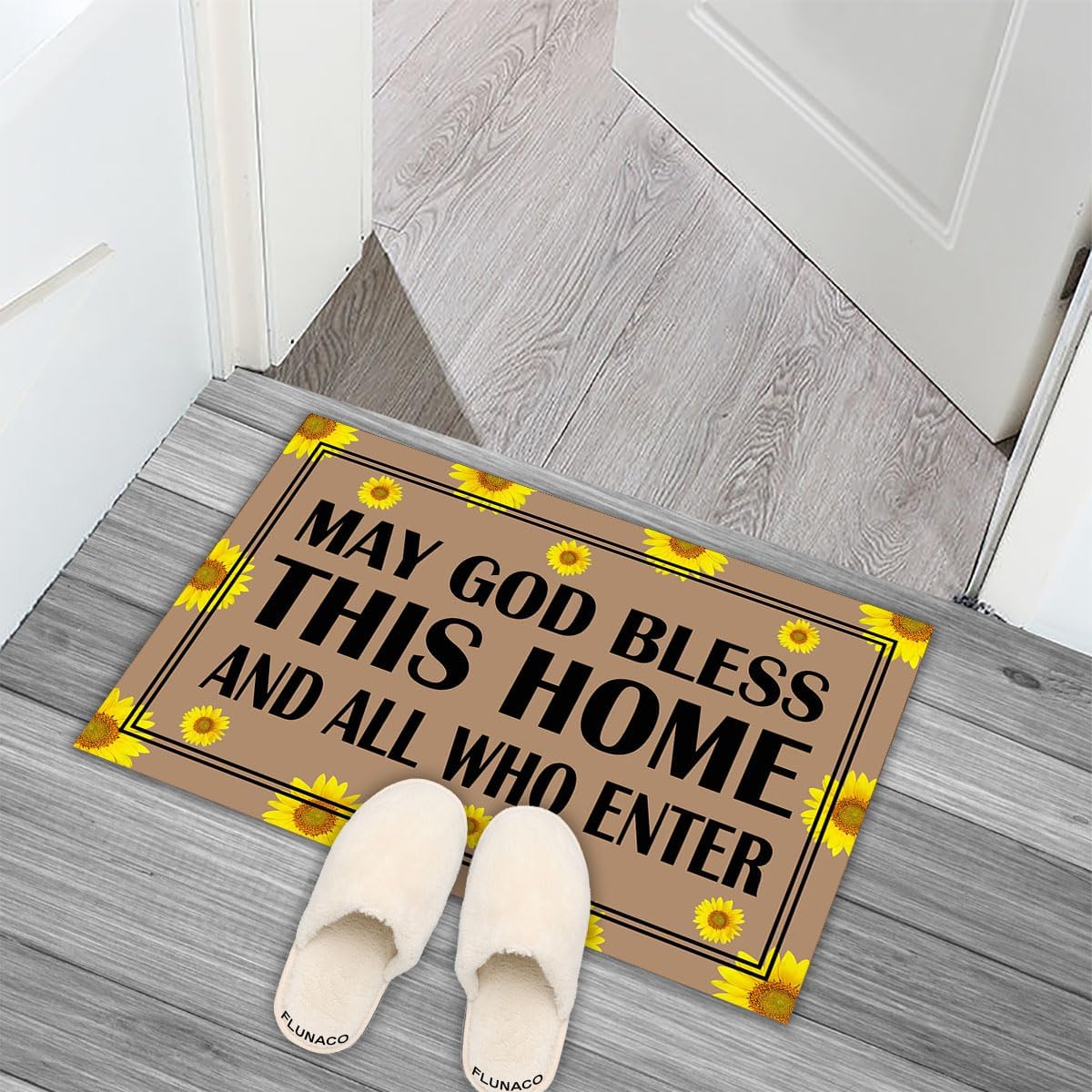 Welcome Door Mats - May God Bless This Home and All Who Enter, Sunflower Doormat for Entrance Way, Funny Mats Kitchen Rugs 23.6" x 15.7"