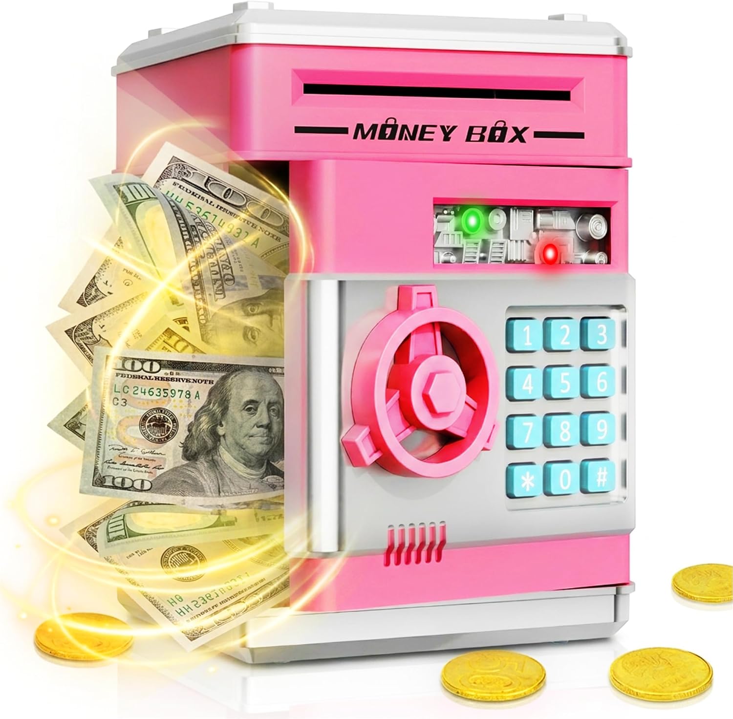 Refasy Piggy Bank Cash Coin Can ATM Bank Electronic Coin Money Bank for Kids Age 3-12, Money Savings Box Mini ATM Coin Bank Toys Gifts for 3 4 5 6 7 8 9 10 11 12 Year Old Boys Girls