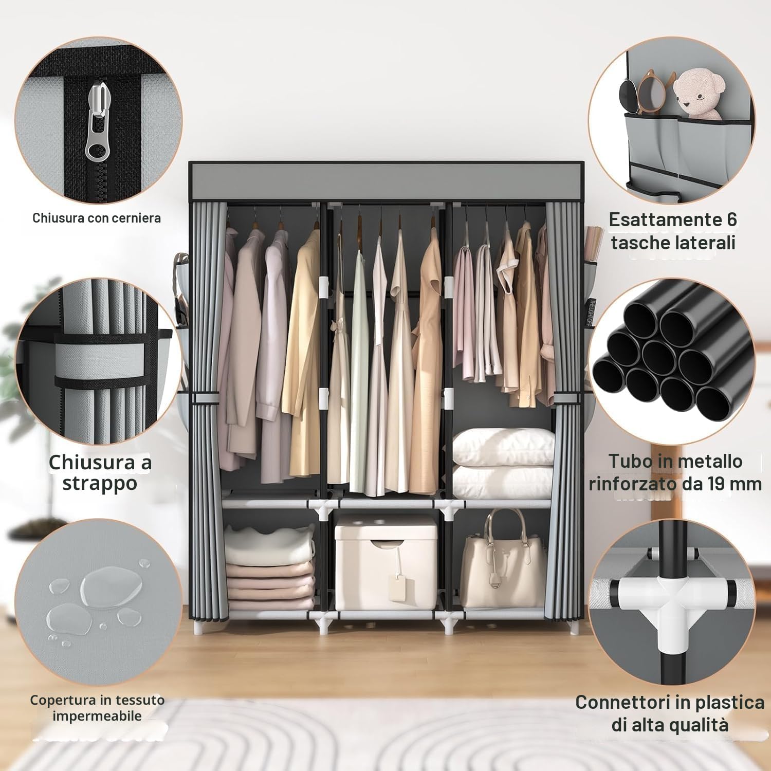 Vicye Armadio in Tessuto, Wardrobe Armadio Grande 19mm tubo metallico con 3 Barre Appendiabiti e 6 Tasche Laterali, Armadio da Campeggio Pieghevole per Camera da Letto e Spogliatoio Grigio