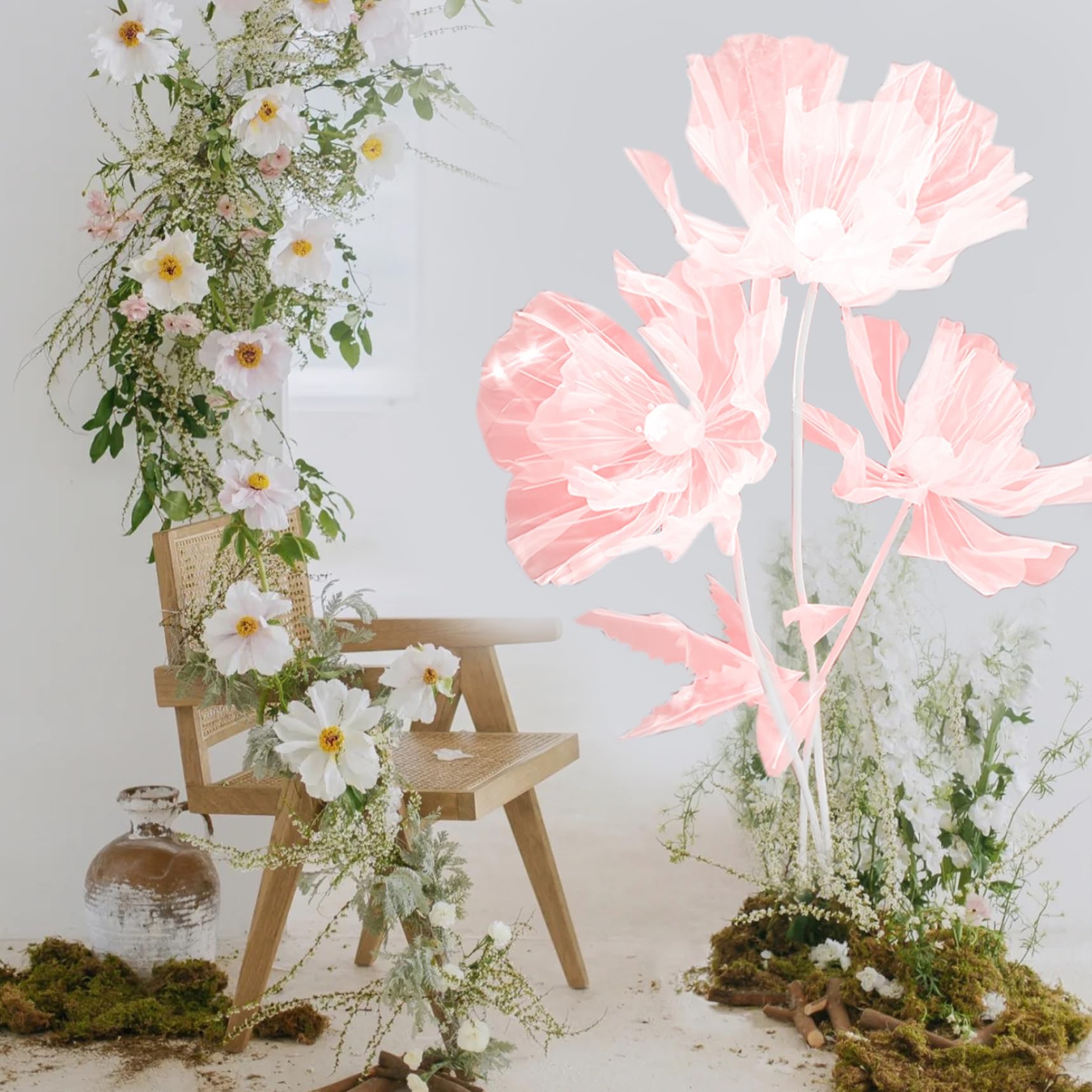 Flores Gigantes para decoración 1 Juego de Flores Grandes de Gasa Artificial de 55 Pulgadas con 3 Cabezas de y Base Decoraciones Florales de Bricolaje Flexibles para Bodas, telón de Fondo
