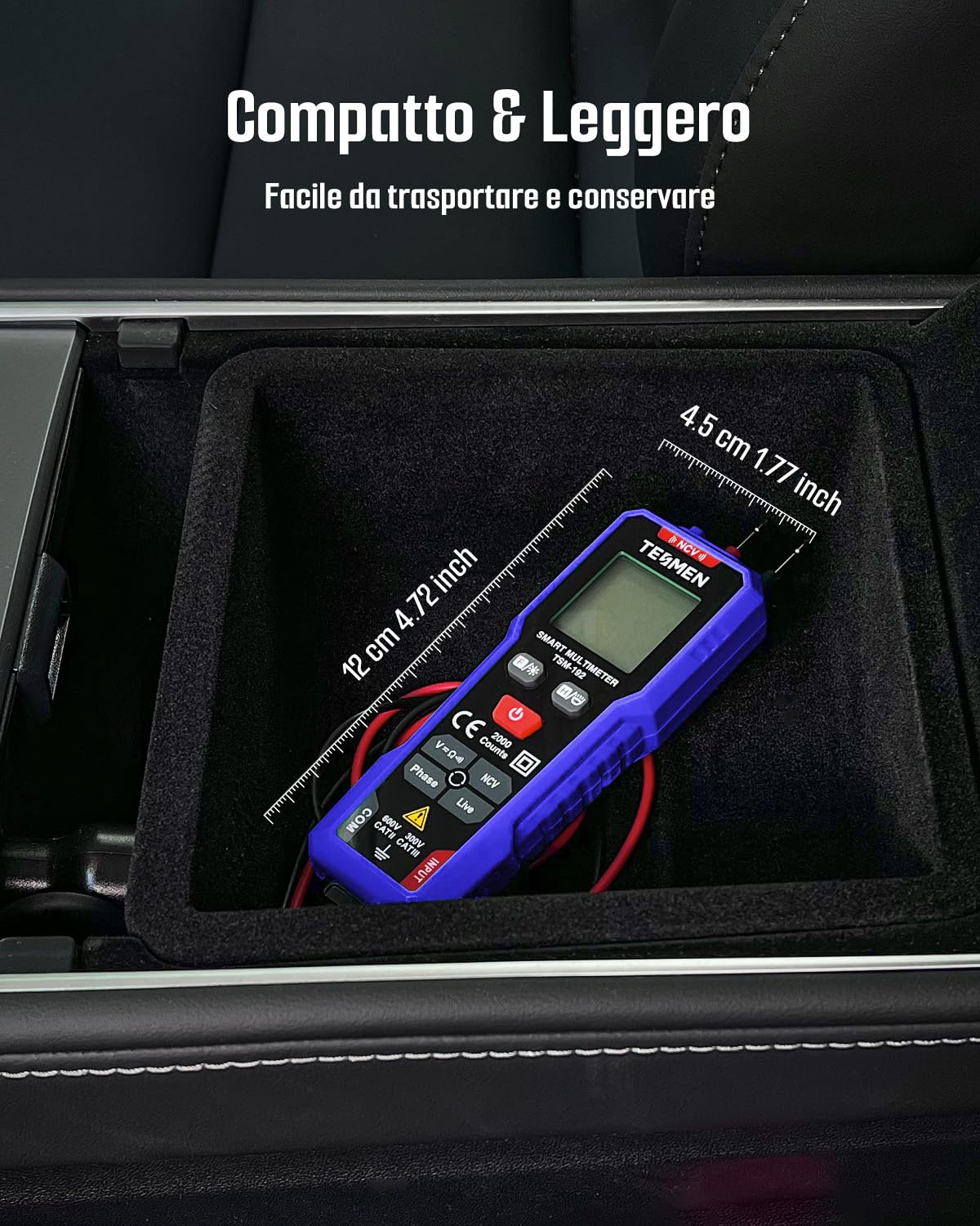 Compact TESMEN TSM-192 multimeter in a car console