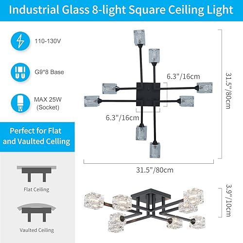 Miniatura 2 de XINGQI Candelabro Sputnik moderno negro de montaje semiempotrado de cristal 8 luces de granja accesorios de iluminación para comedor, sala de estar,