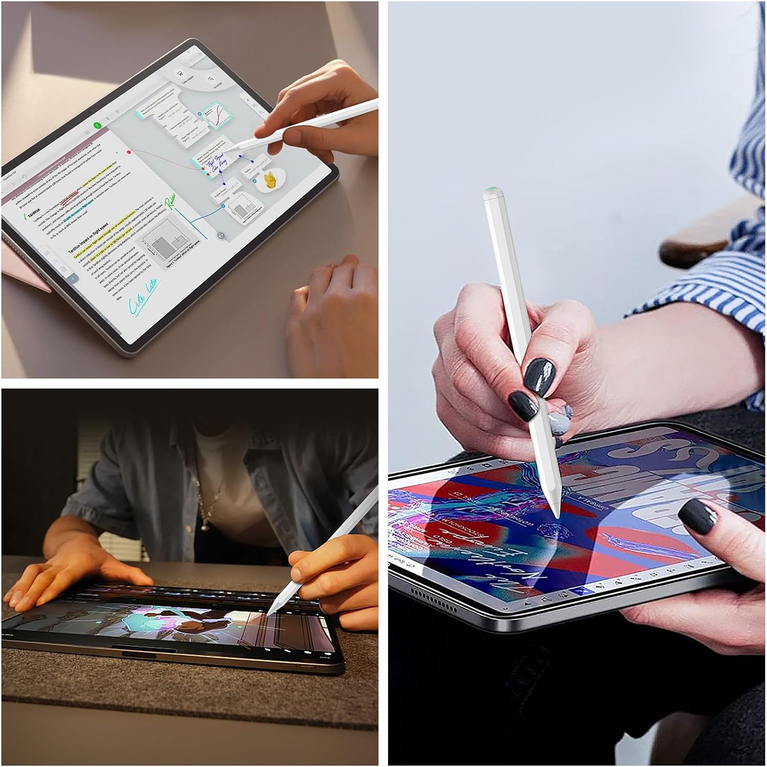 Collage of various usage scenarios for the JEDOUBAL Stylus Pen, including note-taking and drawing
