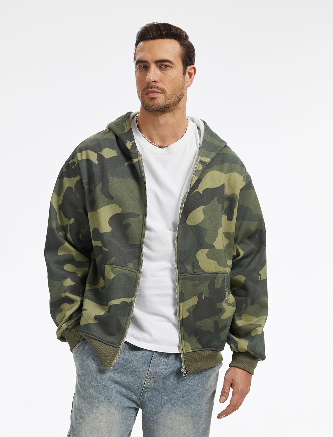Mens Zip Up Camo Hoodie Fleece Full Zip Jackets Maple Leafs Long Sleeve Oversized Hooded Sweatshirt with Pockets - Image 2