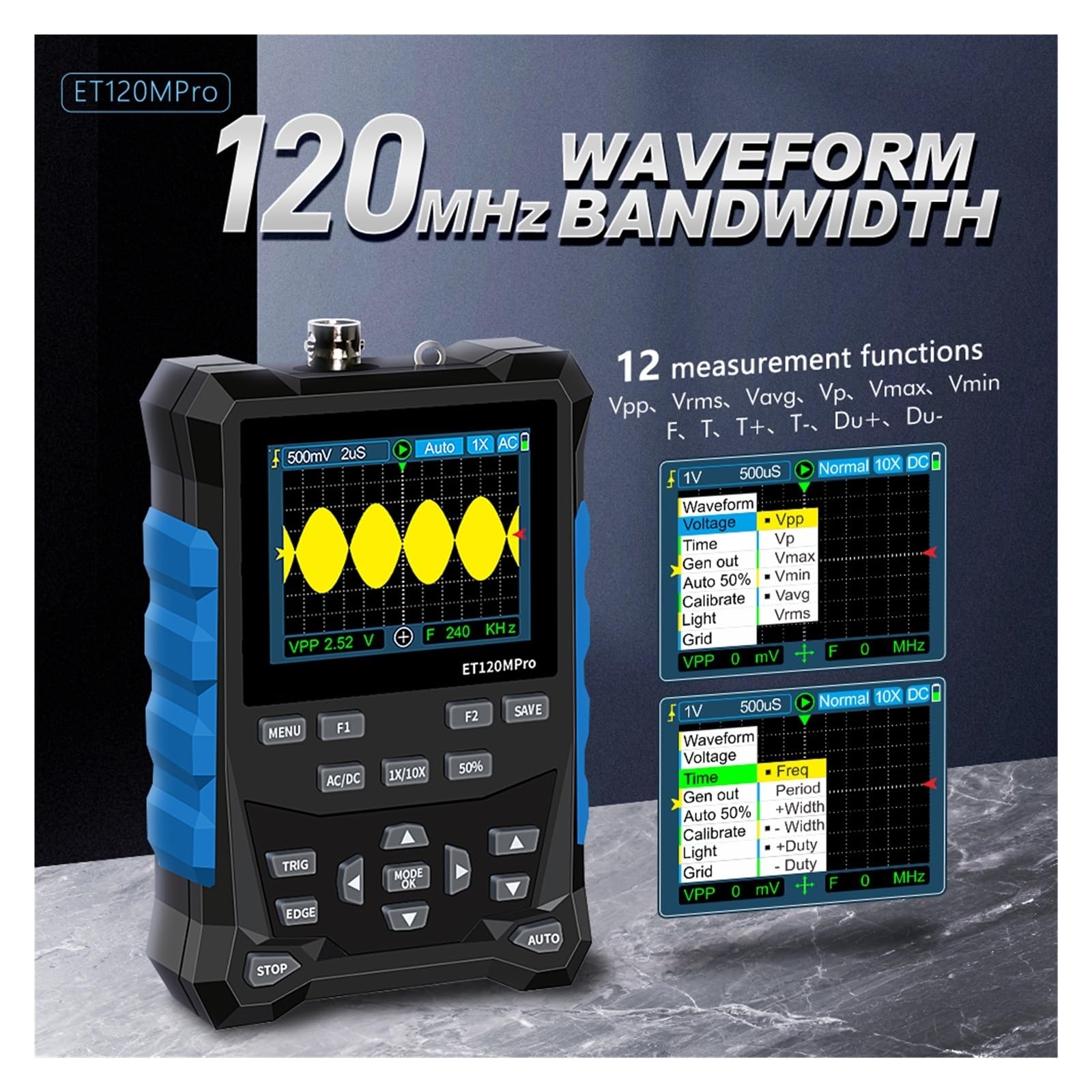 Oscyloskop, Oscyloskop cyfrowy ET120MPro 120 MHz, ręczny generator przebiegów 500 MS/s 2 w 1