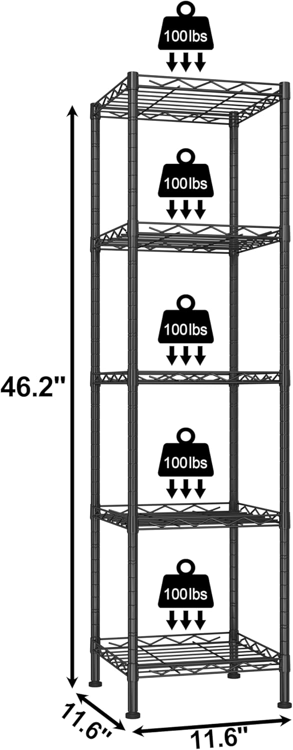 HOMEFORT Storage Shelves, 5-Wire Shelving, Metal Shelving Unit Adjustable Storage Shelves Rack for Kitchen, Pantry, Bathroom, Black, 11.6" W x 11.6" D x 46" H