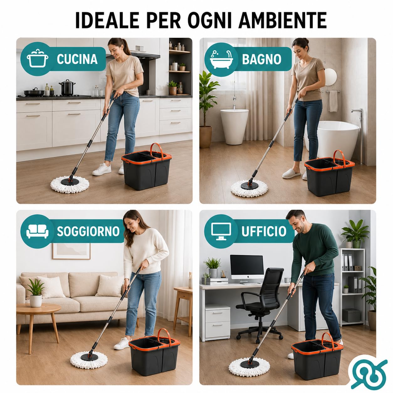 Tempo DI SALDI Juego de fregona giratoria con Doble Cubo, Cesta Inoxidable y 2 paños de Microfibra