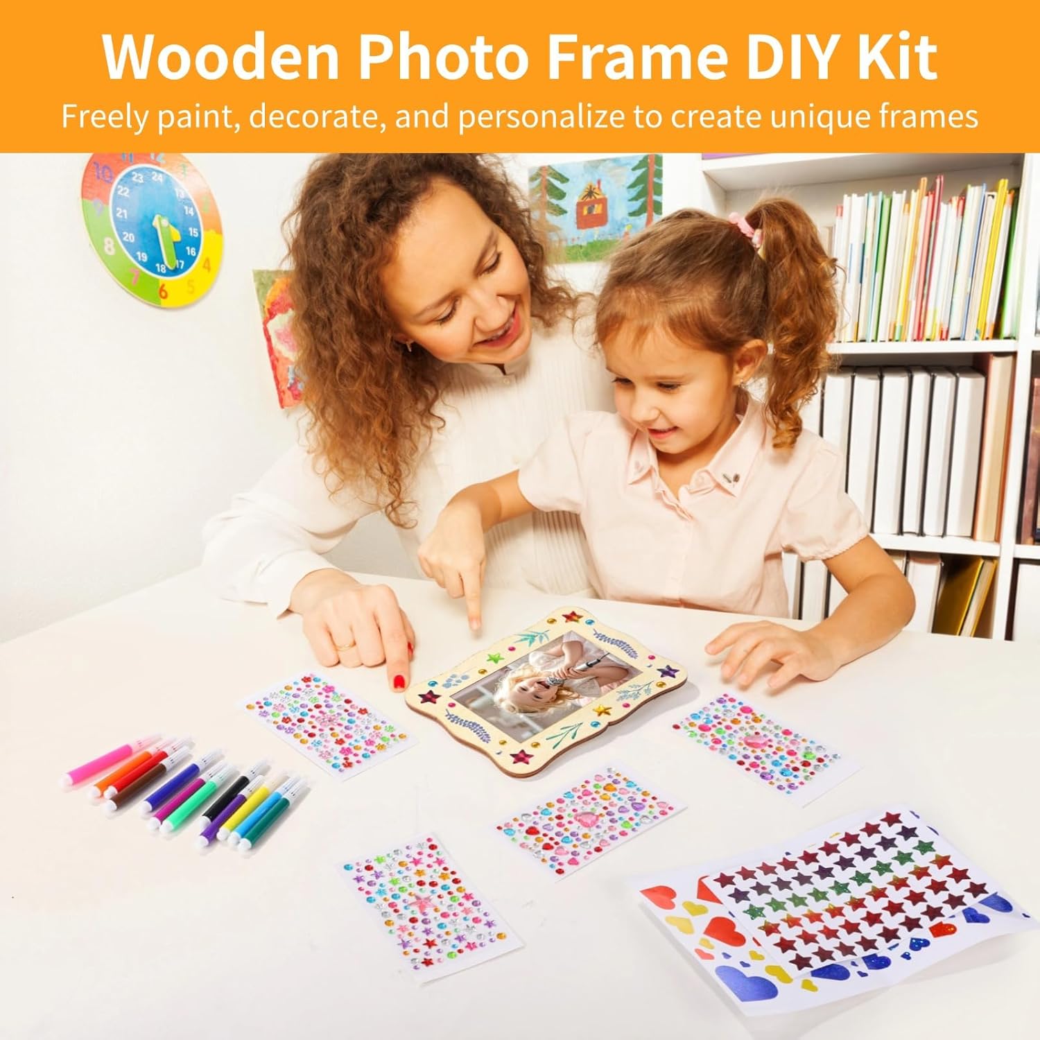 Wooden Photo Frame Craft Kit, 16 DIY Frames with Markers & Stickers, Frames for 5 X 7 in Photos, Creative Fun for Kids & Families