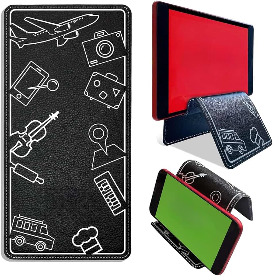 Suporte Flexível Universal para Celular e Tablet – Porta Dispositivos Multiuso para Mesa, Cama, Escritório, Academia, Viagens e Avião – Acessório Dobrável Premium em Couro e Liga de Alumínio