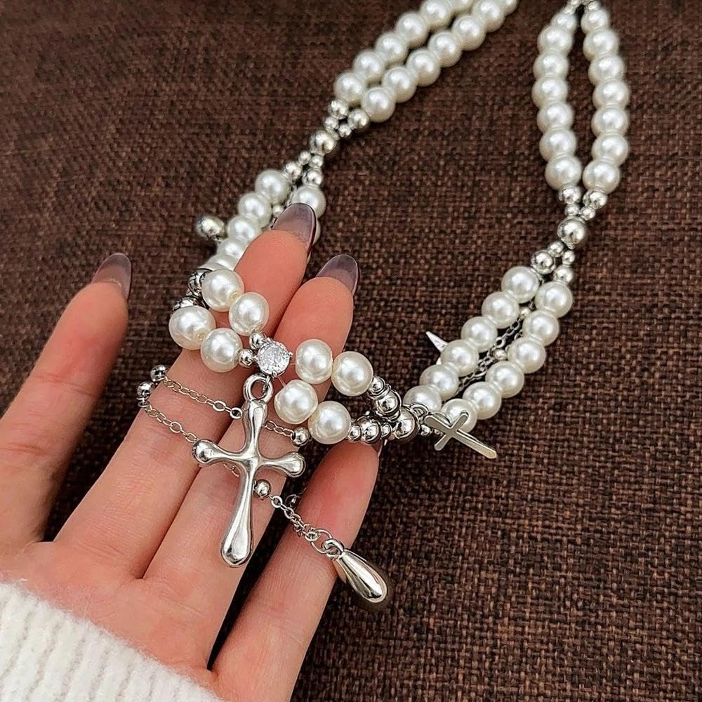 Layered Pearl Cross Collarbone Necklace for Women,Vintage Waterdrop Tassel Pendant Statement Necklace,Personalized Halloween Jewelry Accessories Gift - Image 5