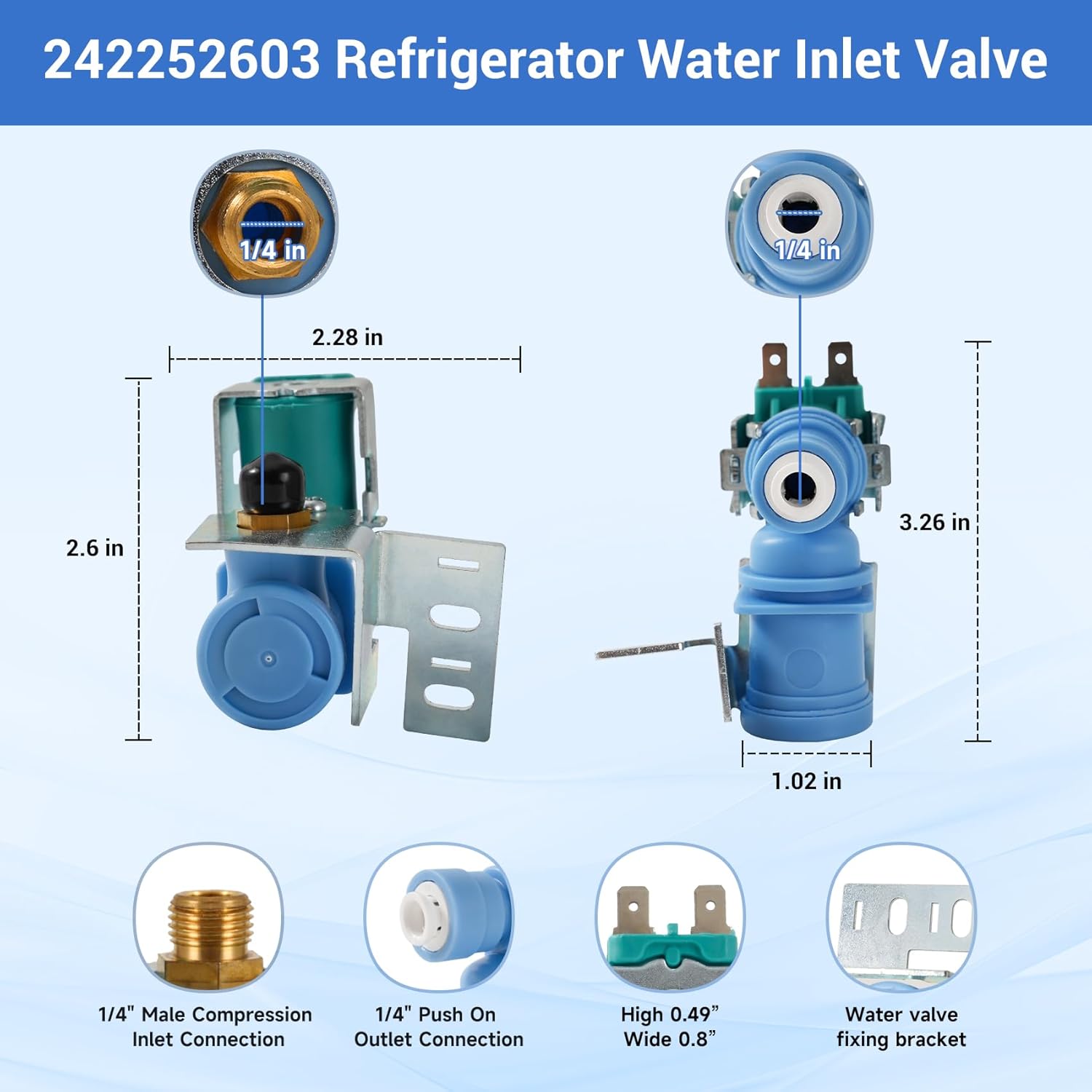 Upgraded 242252603 Refrigerator Ice Maker Water Inlet Valve, Upgraded Valve, for Electrolux Frigidaire kenmore Icemaker Solenoid Valves, Replacement parts 241803701 AP5671756 241803703 218475600
