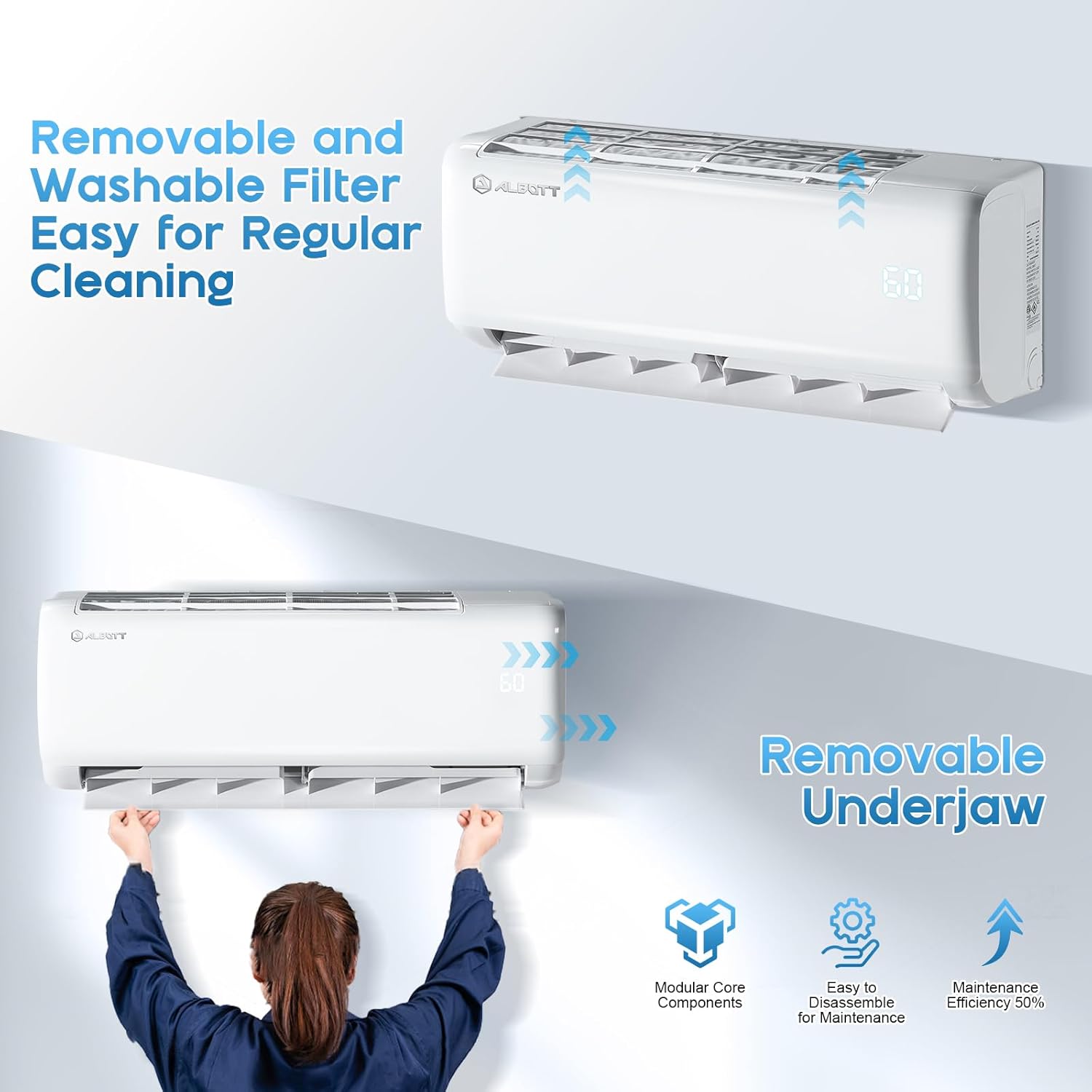 Image showing the removable and washable filter and removable underjaw for easy maintenance of the indoor unit.