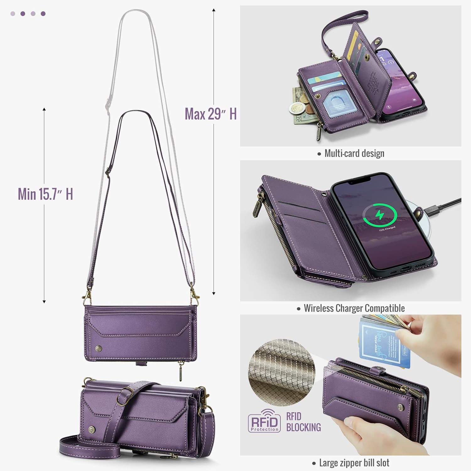 for iPhone 16E (2025)/17E (2026) Case, Women Men Multi-Function Wallet Case with Stand RFID Blocking Featuring Magnetic Closure Zipper for iPhone 16E/17E 6.1" (Purple)