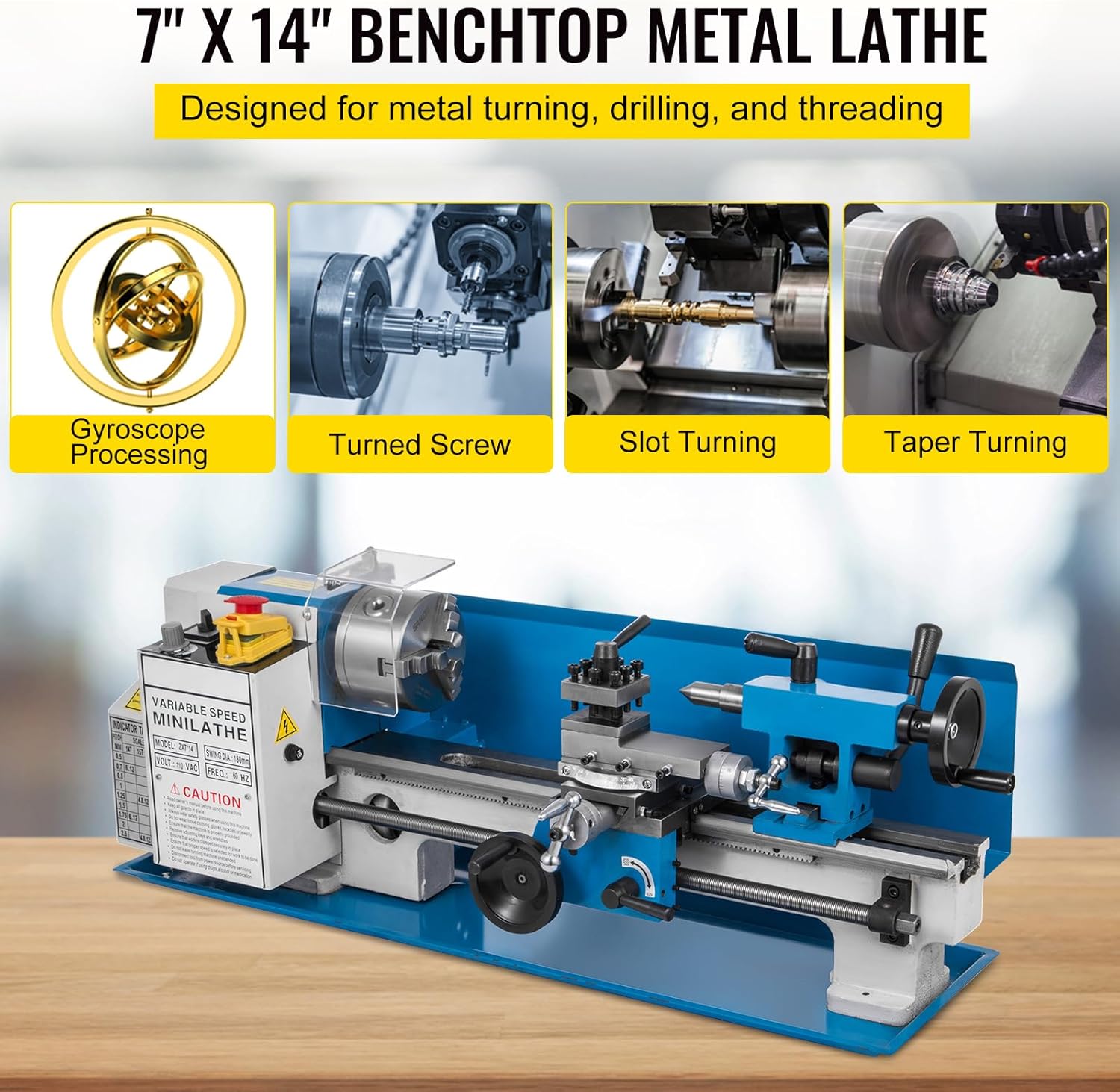 Happybuy 7x14inch Precision Metal Lathe, Bench Top Mini Lathe, 550W, Variable Speed 50-2500 RPM, Nylon Gear, with Movable Lamp