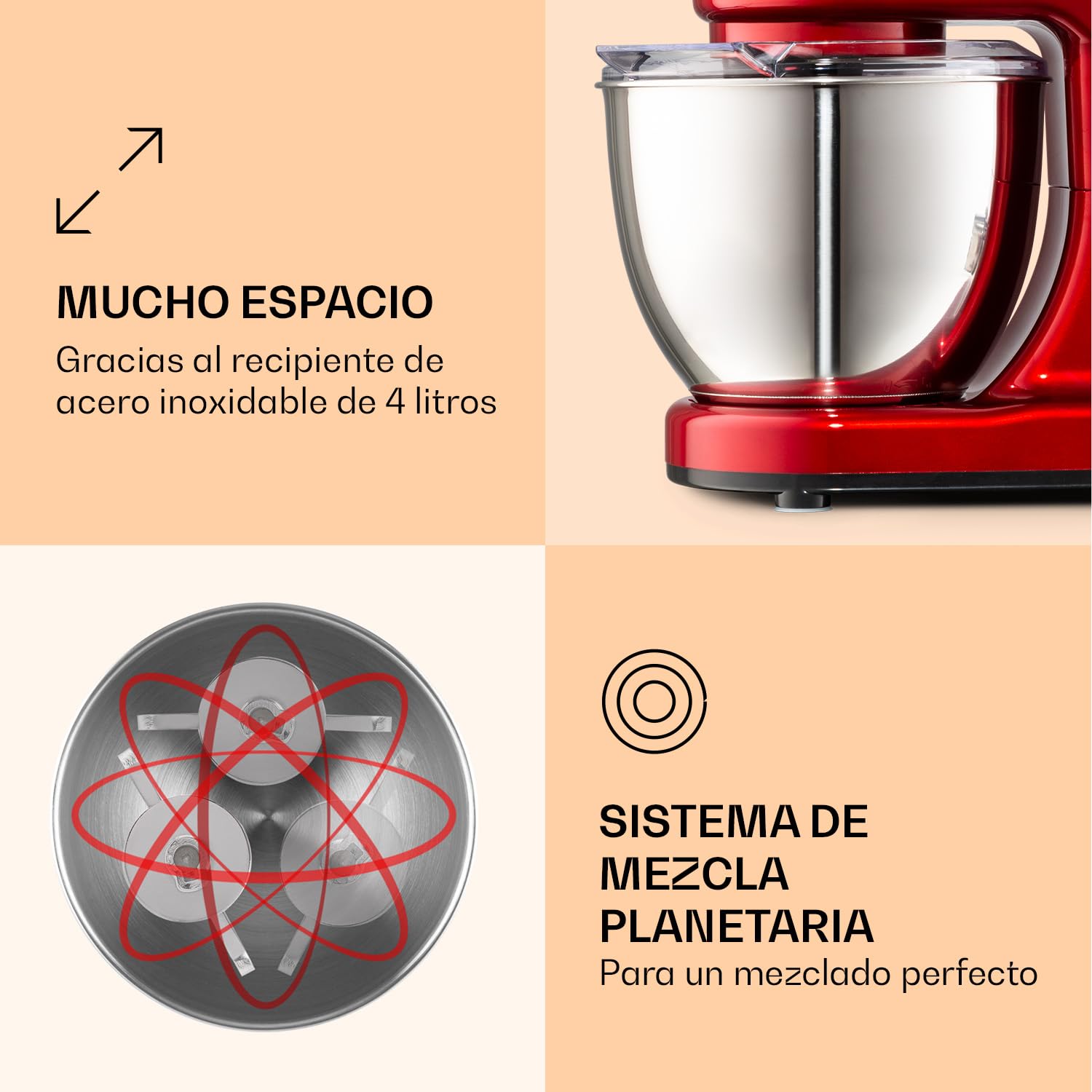 Klarstein Bella Batidora Amasadora – Robot de Cocina con 6 Velocidades, 1200 W de Potencia, Bol de Acero Inoxidable, Función Pulso, Sistema Planetario, 3 Accesorios, Rojo