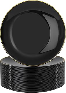 Nervure 100PCS Black and Gold Plastic Plates - 10.25 inch Black Disposable Plates - Gold Rim Dinner Plate - Black Dinner Plate Ideal for Wedding & Party & Halloween