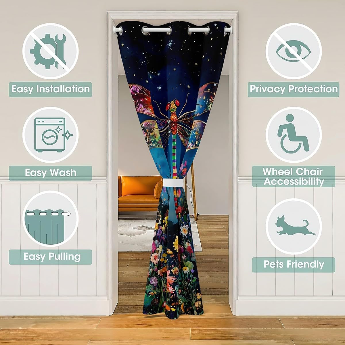 jejeloiu Dragonfly 30%-50% Room Divider Curtain 52x80 Inch 1 Panel Cute Dragonfly Door Curtain for Doorway Privacy Cartoon Animal Closet Cover for Bedroom Living Room Western Doors with Windows
