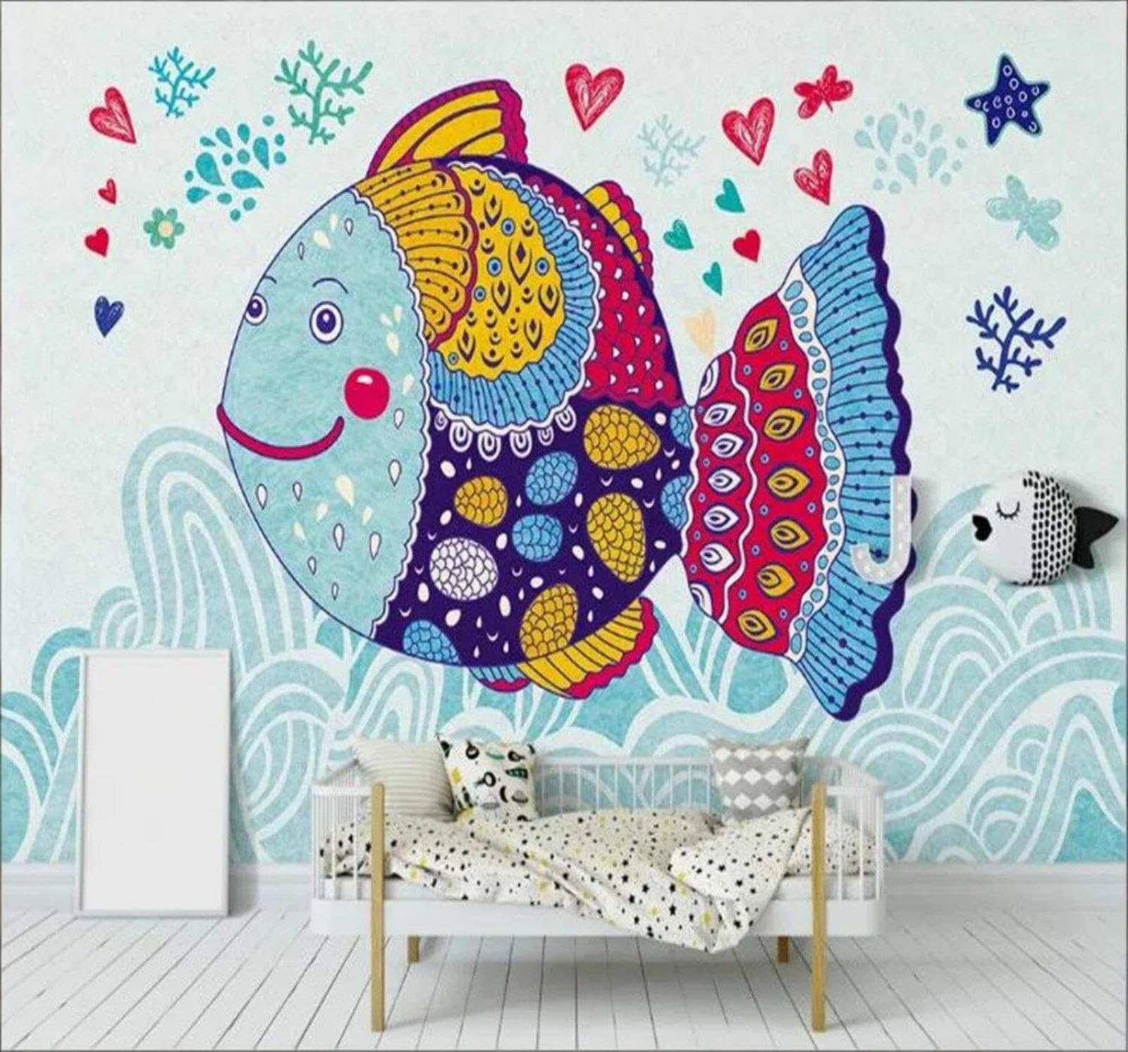 Tzxztt Cartoon Creative Hand Drawn Watercolour Little Fish Modern 3D Wallpaper Premium Textured Silk Neutral Tones Material Ideal for Living Room Bedroom-250cm×170cm