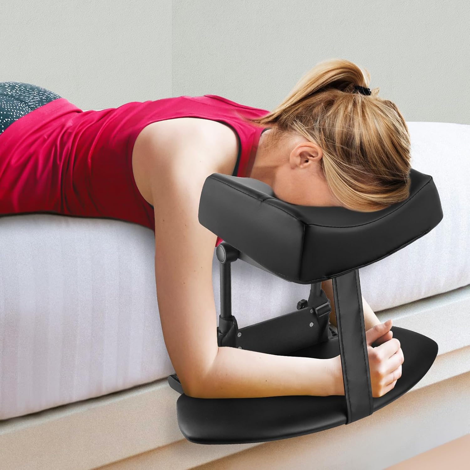 EBANKU Mattress Top Massage Kit, Adjustable Headrest Face Cradle Cushion, Face Down Pillow with Massage Table Armrests for Your Bed at Home (Square Black)