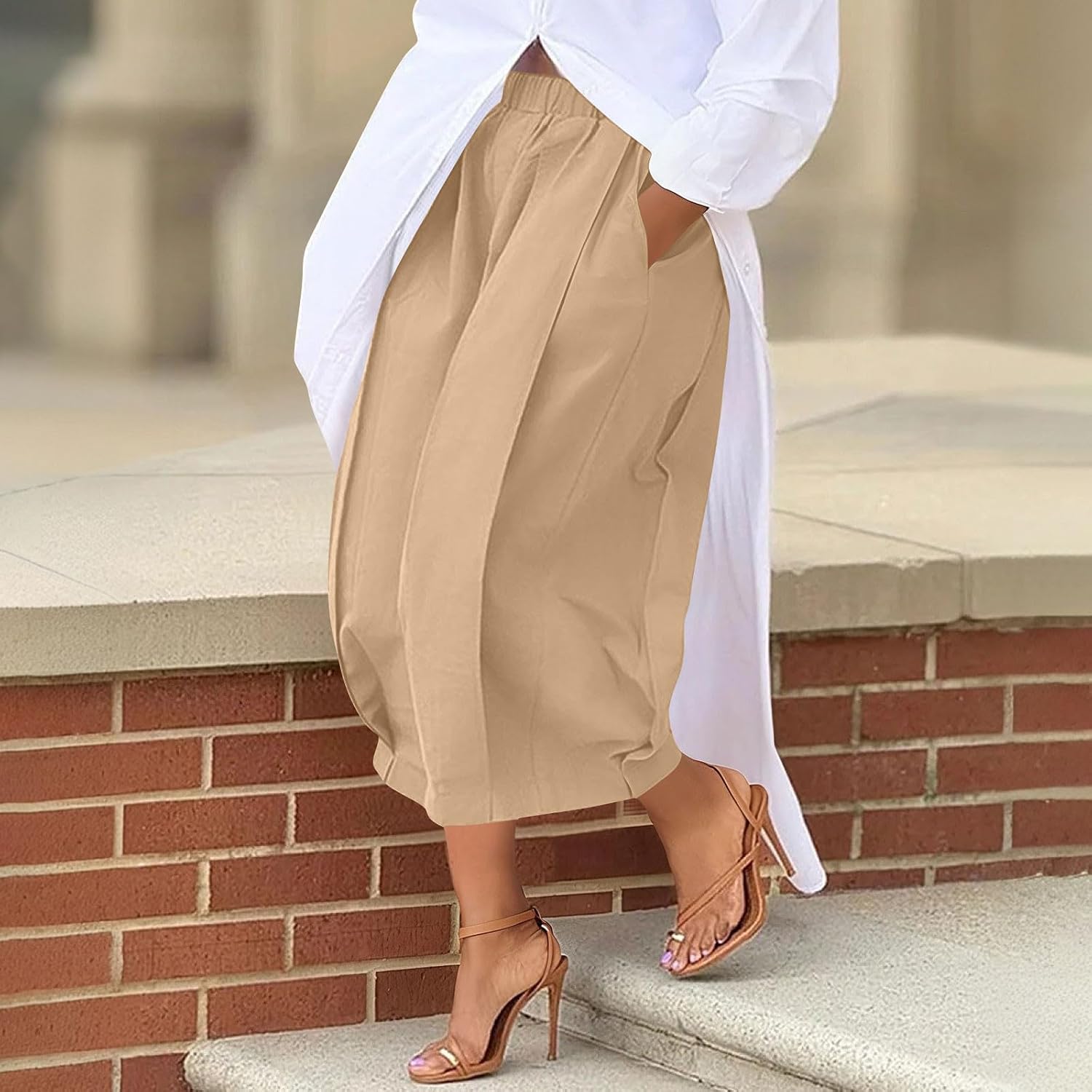 Womens Capri Pants Wide Leg Summer Beach Vacation Flowy Pants Soft Comfy Elastic High Waisted Trousers with Pockets