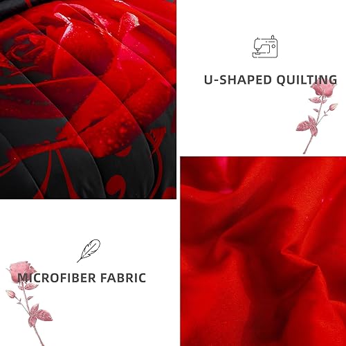 Miniatura 7 de WONGS BEDDING Juego de edredón rojo tamaño Queen, reversible rosa roja de 7 piezas en una bolsa, juegos de ropa de cama de microfibra suave y ligera
