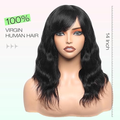 Miniatura 10 de WIGNEE Pelucas de cabello humano ondulado natural con flequillo, pelucas de cabello humano sin pegamento, pelucas de cabello humano ondulado con