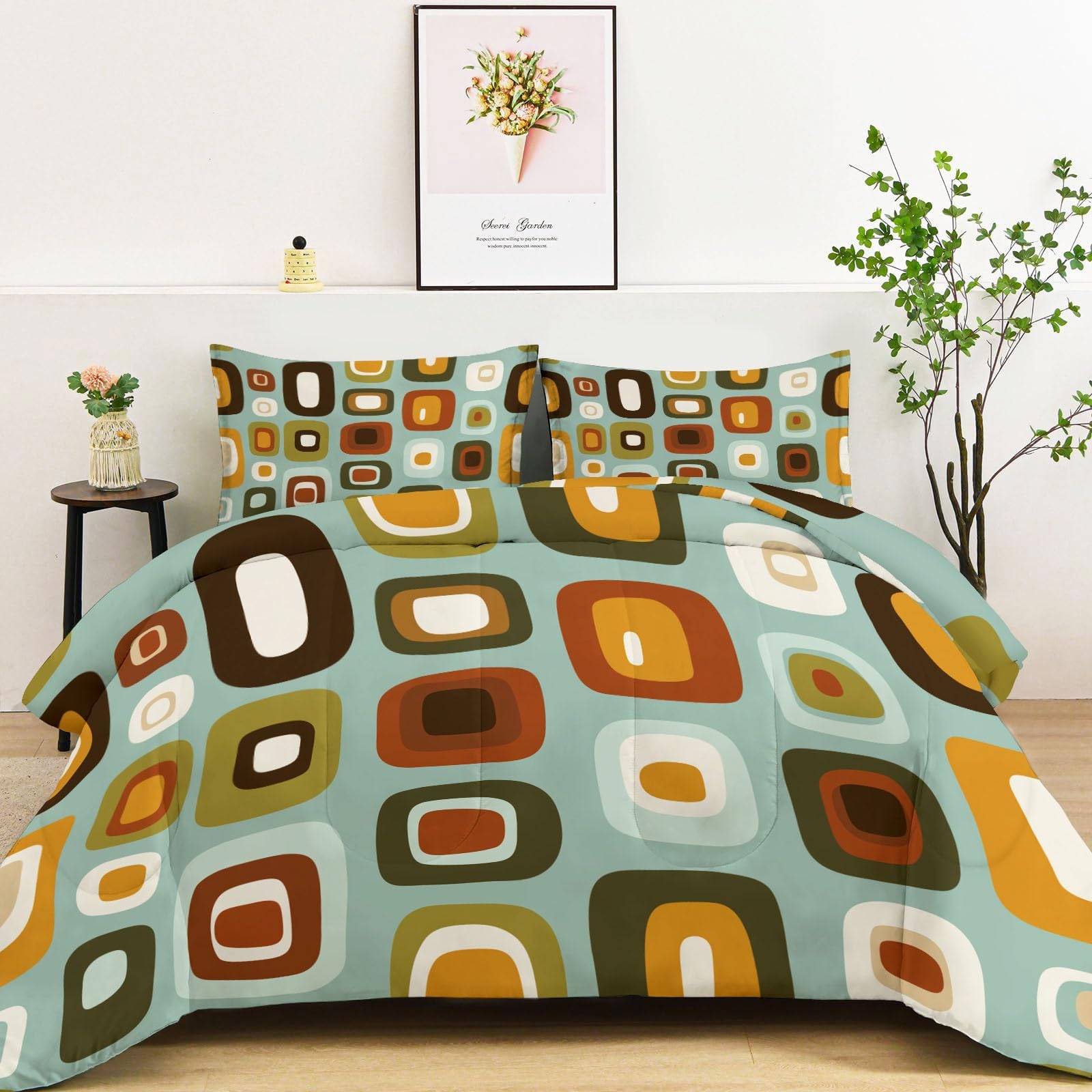 uego de Colcha Cama Bloques de Color geométricos Retro Colcha Estampada 200 x 200 cm Cubrecama Microfibra con 2 Fundas de Almohada, Manta de Verano Cama Superligera con Elegante Color Naranja