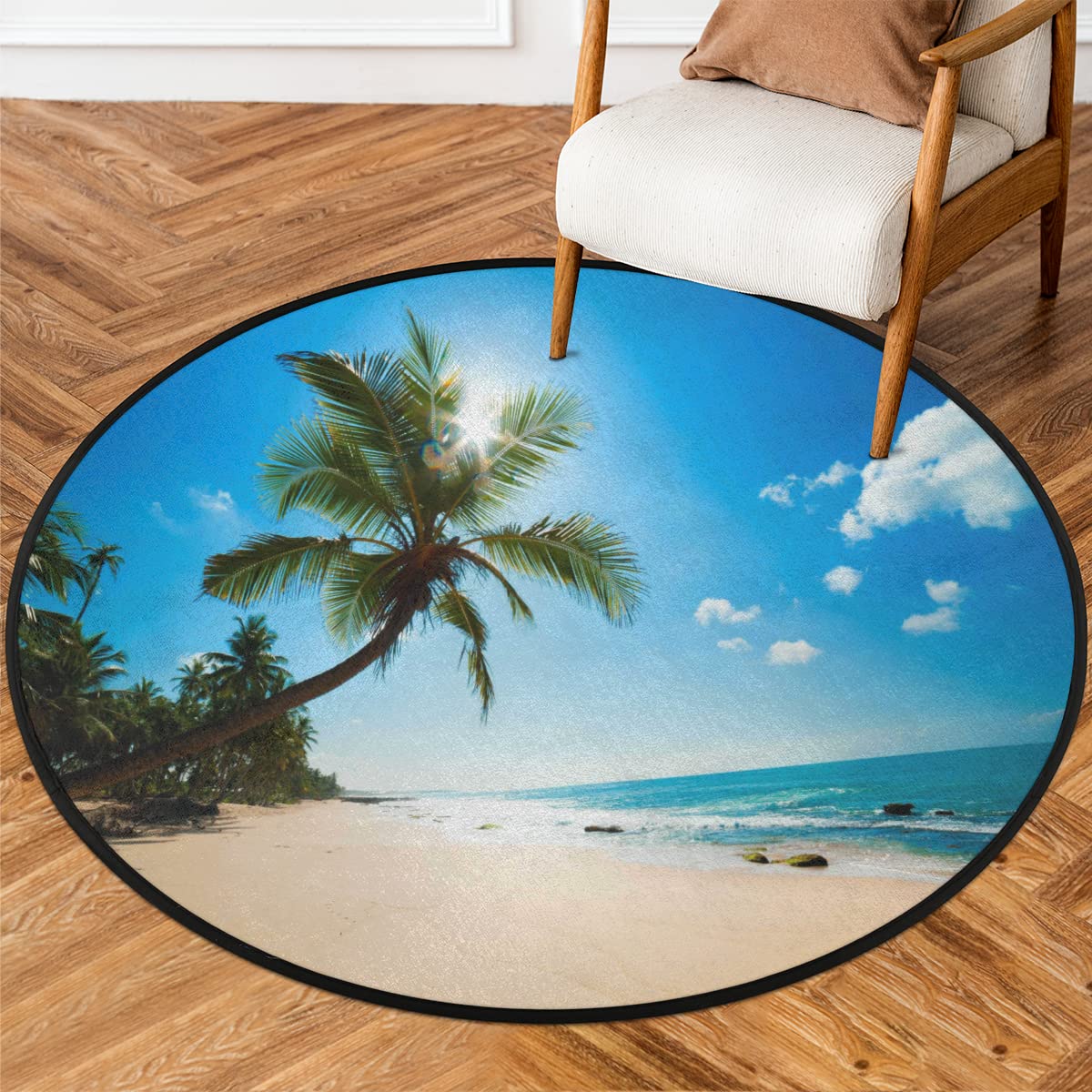 Okrągły dywanik z motywem hawajskiej tropikalnej plaży, 160 cm, letnia plaża, okrągły dywanik, do pokoju, domu, wewnątrz, antypoślizgowa podłoga, do wewnątrz, duża mata