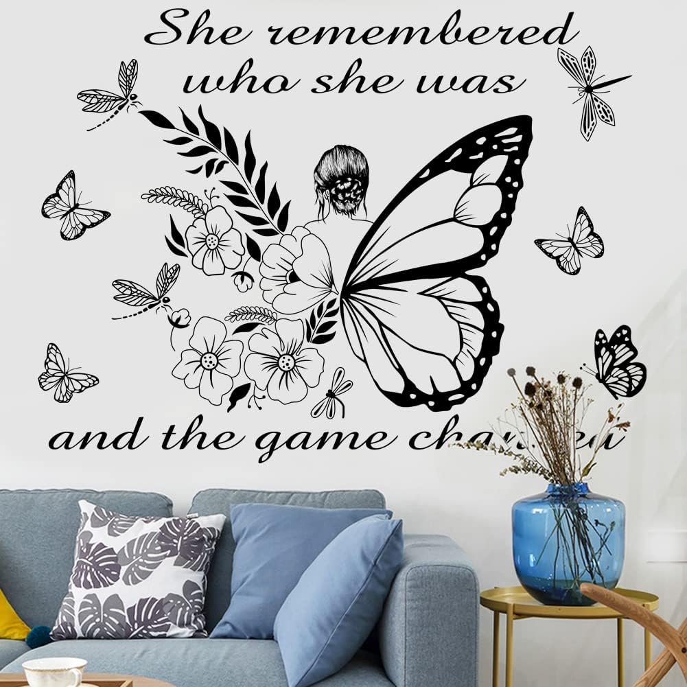 Inspirational Wall Art Quote - 'She Remembered Who She Was' - Positive Motivational Butterfly Decor for Women's Bedroom & Living Room - Yoga Studio & Beauty Salon Decor