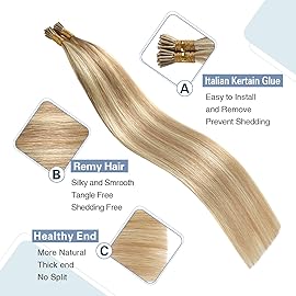 Sunya I Tip Hair Extensions Human Hair 20 Inch Ash Blonde Highlighted Bleach Blonde I Tip Human Hair Extensions P18/613 50g/50S