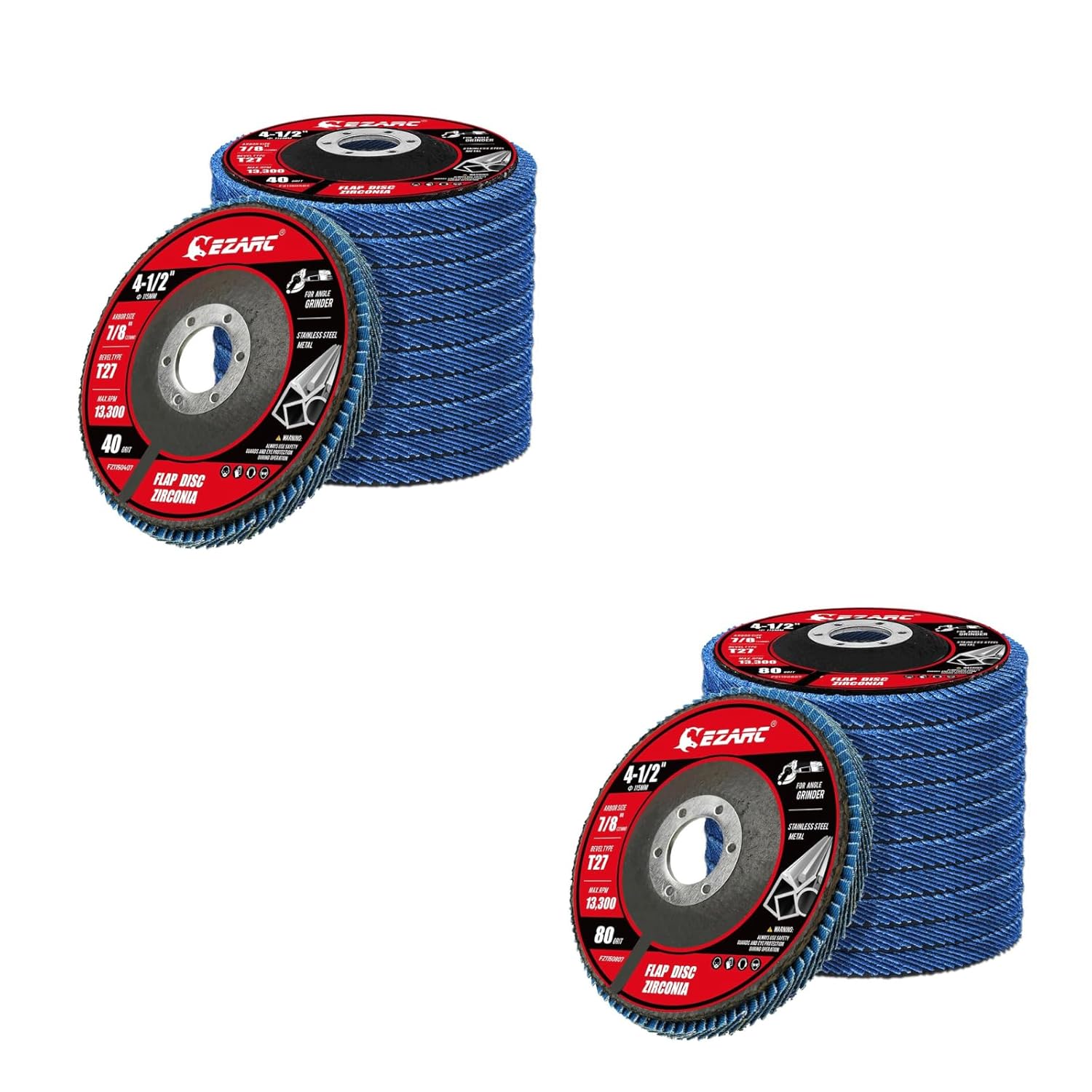 EZARC Flap Discs 40&80 Grit, 4 1/2" x 7/8" Zirconia Flap Sanding Disc for Angle Grinder, Flat Type 27 Abrasive Grinding Wheel Finishing for Wood & Stainless Steel, Sheet Metal(Total 20 Pack)