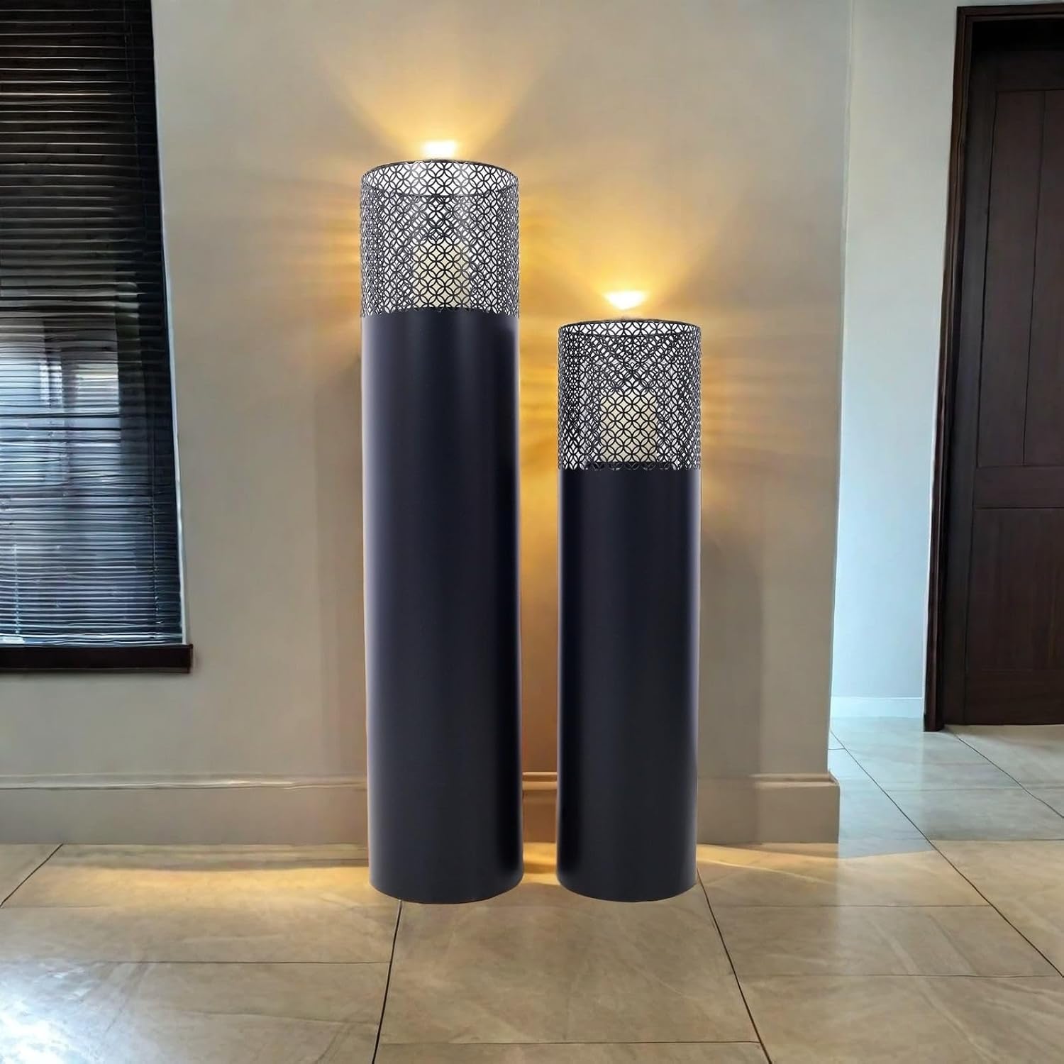 Set of 2 Metal Cylindrical Lanterns with Mesh Top Design, Tall Decorative Candle Holders, Indoor/Outdoor Industrial Design Decorative Fire Pillars, Black