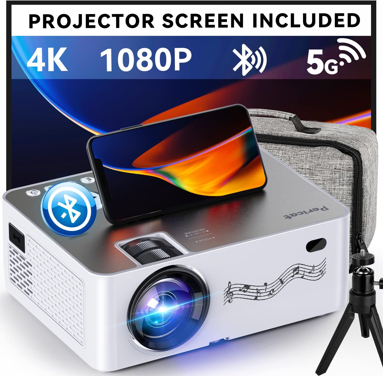 Native 1080P Projector with WIFI and Bluetooth, Pericat 4K Supported 230 ANSI Outdoor Movie Projector with 100" Screen, Tripod & Carry Bag, Compatible with iOS/Android/PC/TV Stick/HDMI/USB/VGA