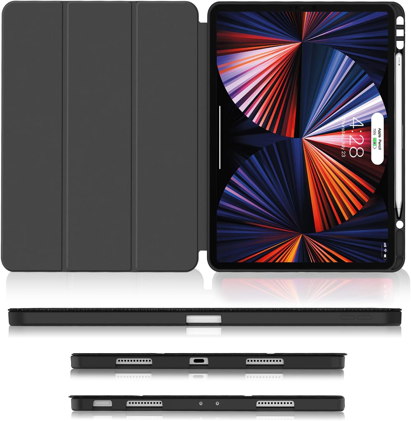 Soke iPad Pro 12.9 Case 2022 2021 with Pencil Holder - [Full Body Protection + 2nd Gen Apple Pencil Charge + Auto Wake/Sleep], Soft TPU Back Cover for iPad Pro 12.9 inch 6th 5th Generation(Black)