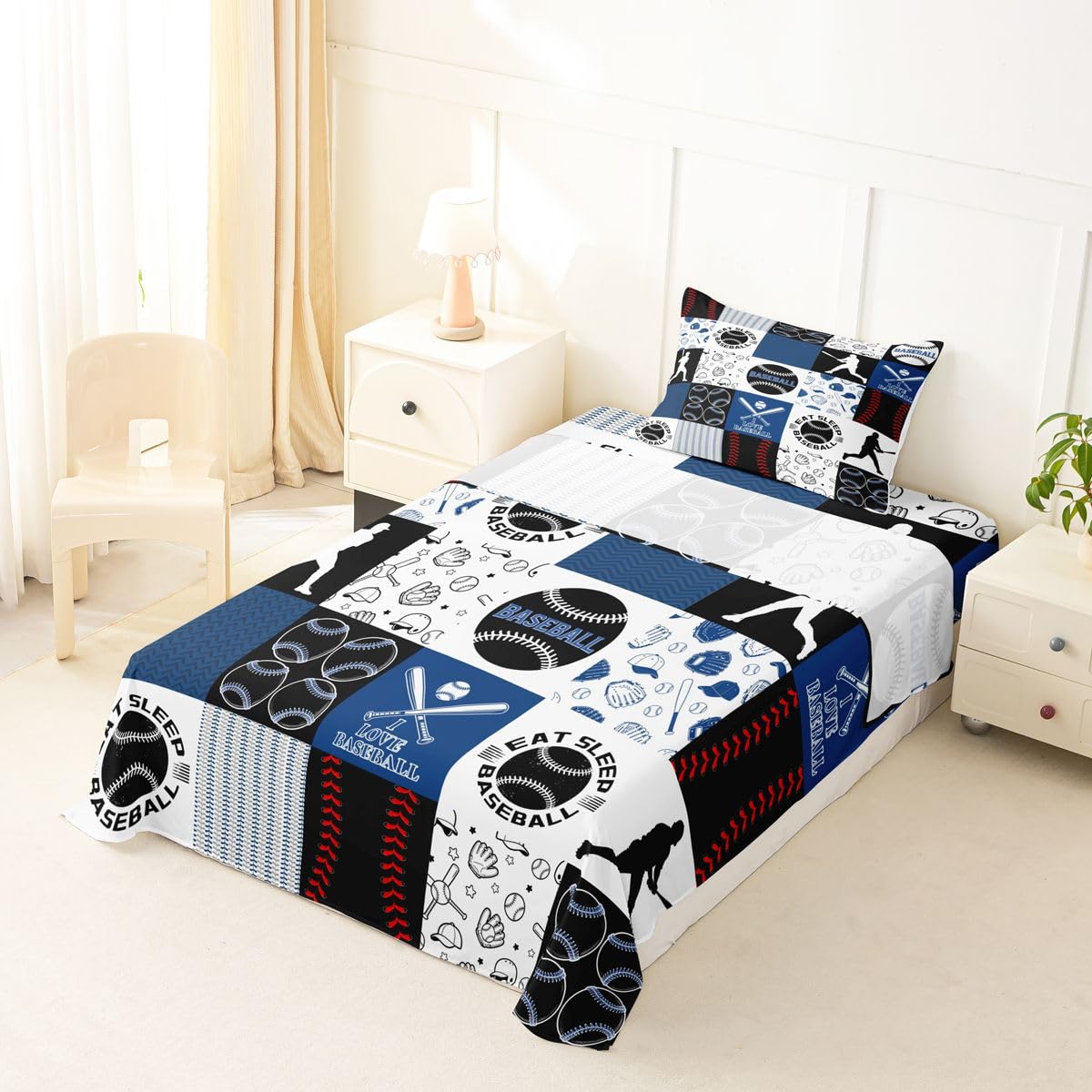 Castle Fairy Baseball Bed Sheet Set Twin Size,Sports Geometric Grid Blue Sheet Set Kids Teens,Patchwork Baseball Bedding Decor Set with 1 Flat &amp; 1 Fitted Sheet with 1 Pillow Sham
